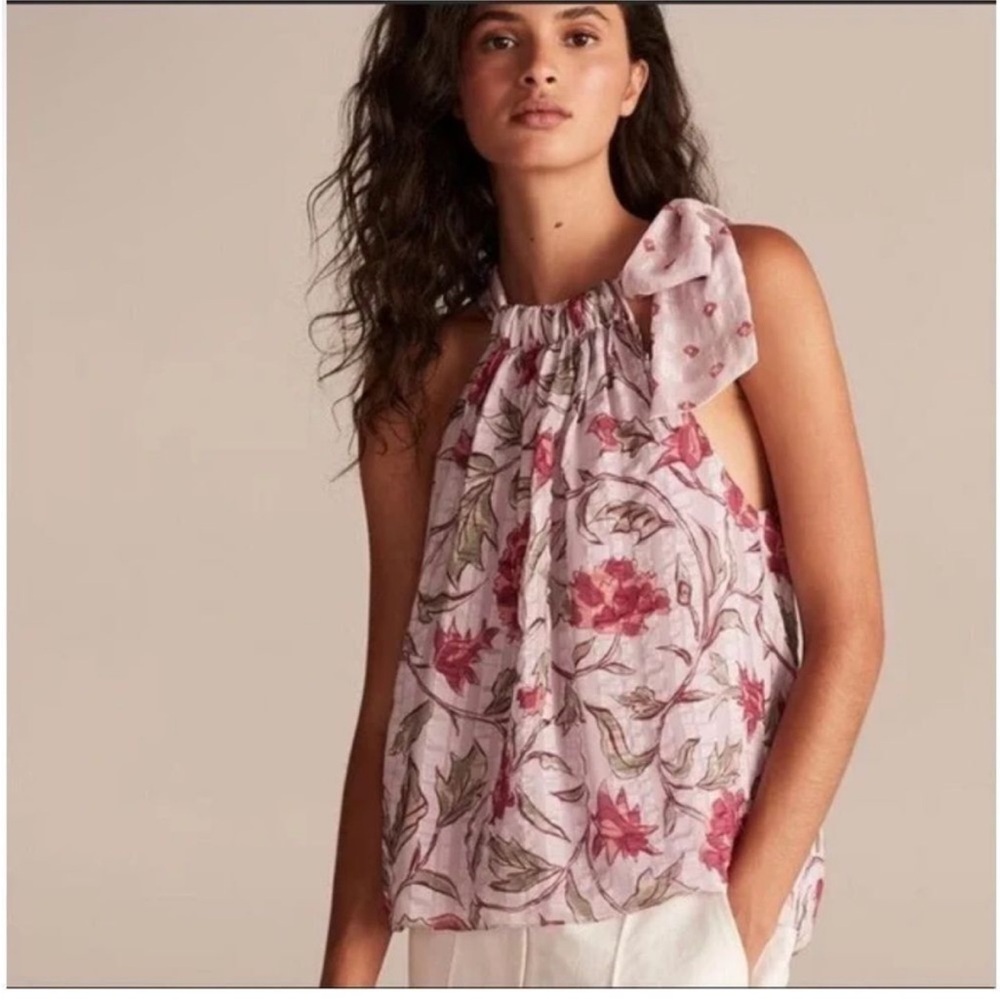 Rebecca Taylor Zadie Silk Bow Top Lilac Floral Tie Side Blouse Tank Top Size S